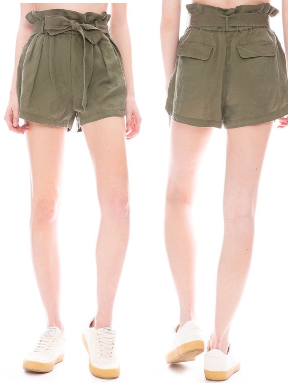 FRAME Denim Paperbag Pocket High Rise Linen Blend Shorts Army Green